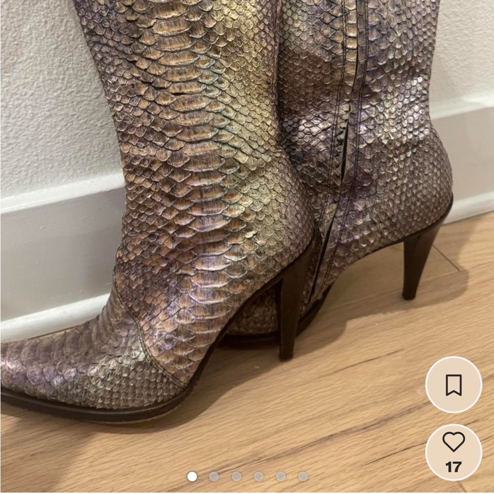 Iridescent Snakeskin Pointed-Toe Heeled Boots - Women